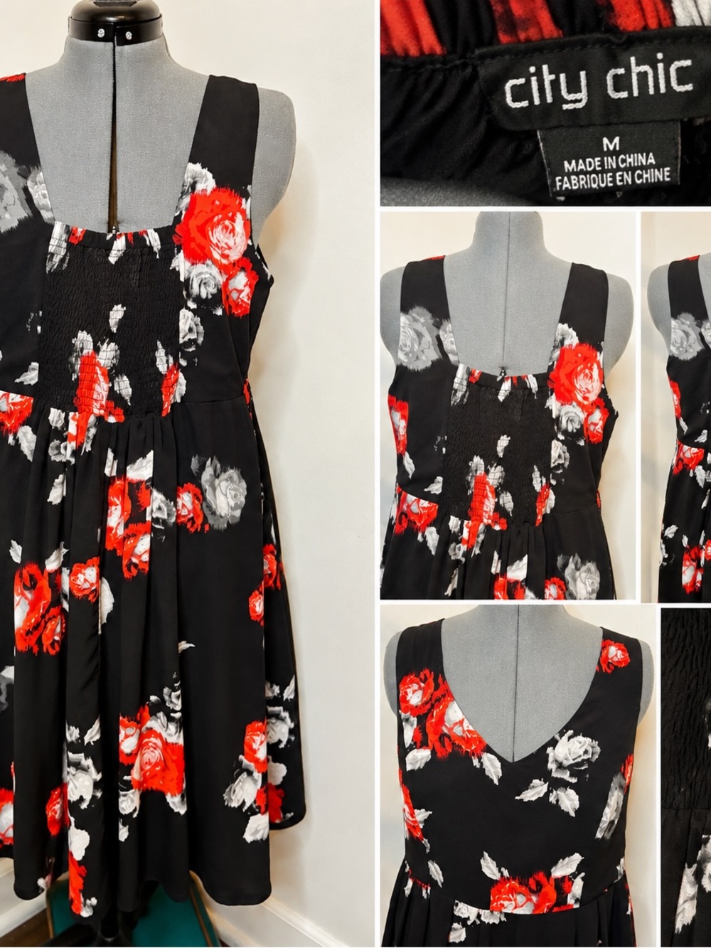 City Chic Size M Black Red Rose Floral Fit & Flare Dress